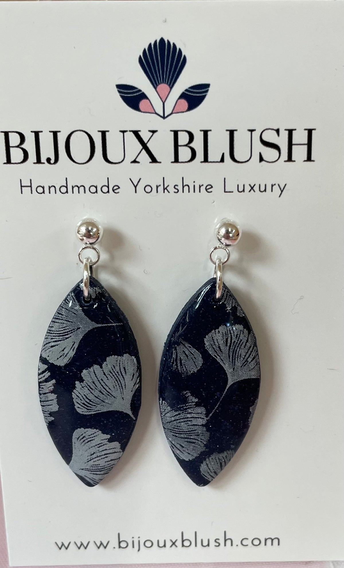 Midnight Ginkgo Marquise Drops - Navy & Silver
