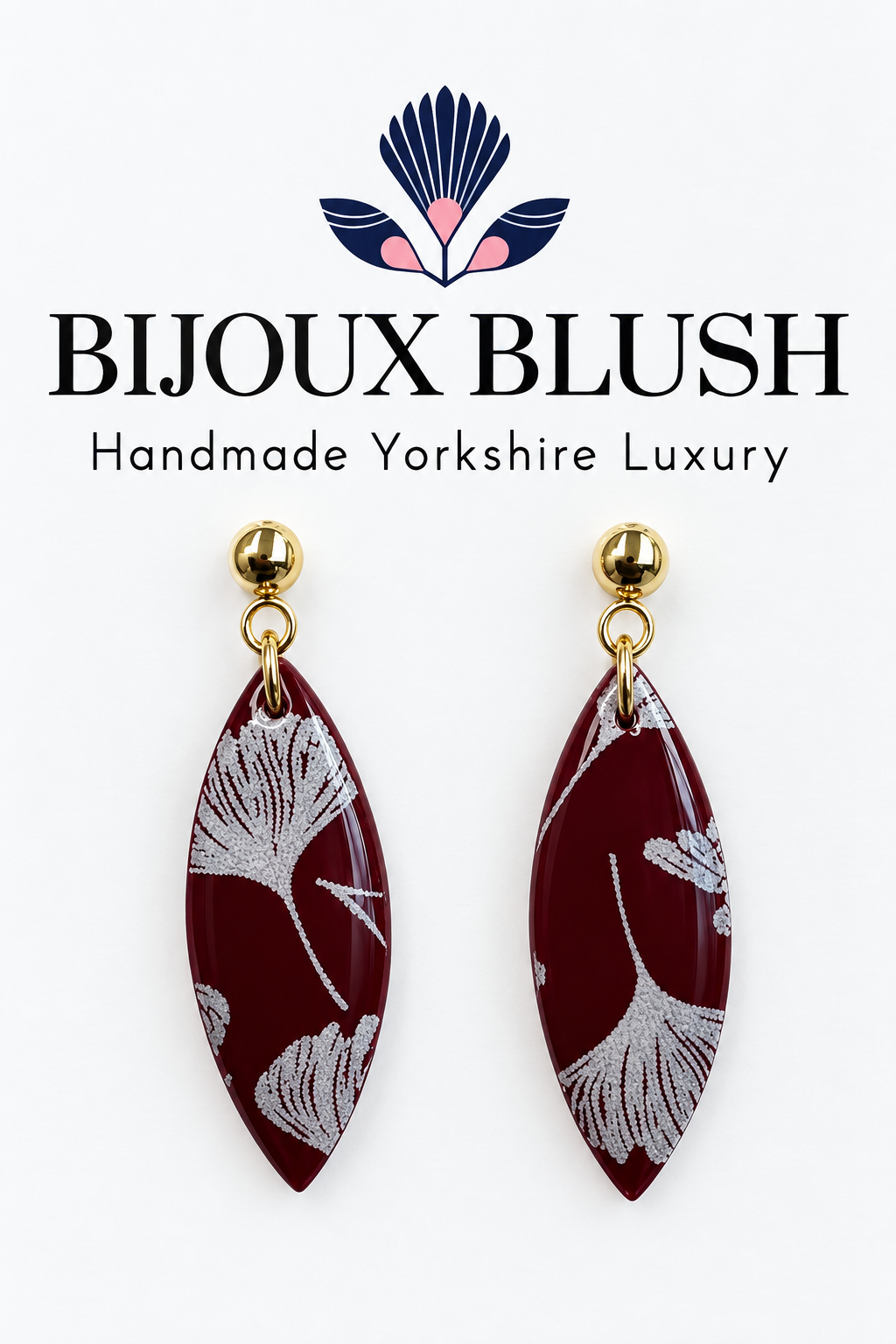 Burgundy Ginkgo Skinny  Marquise Drops - Burgundy & Gold