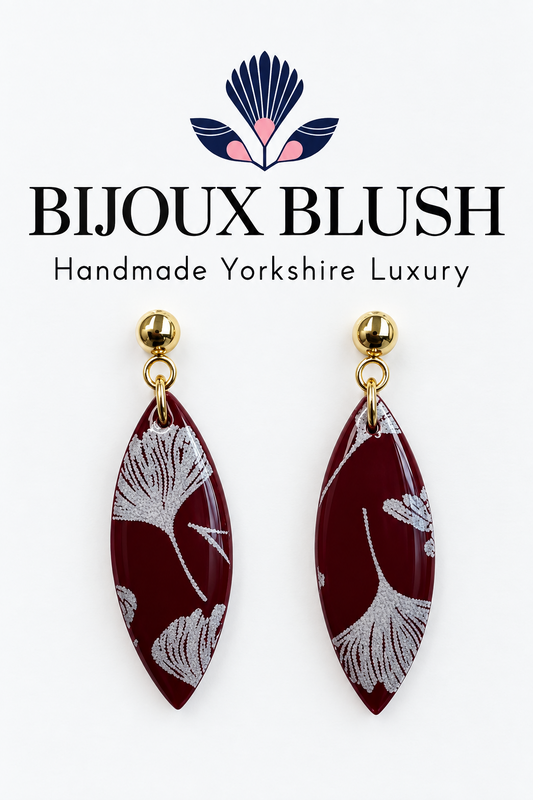 Burgundy Ginkgo Skinny  Marquise Drops - Burgundy & Gold