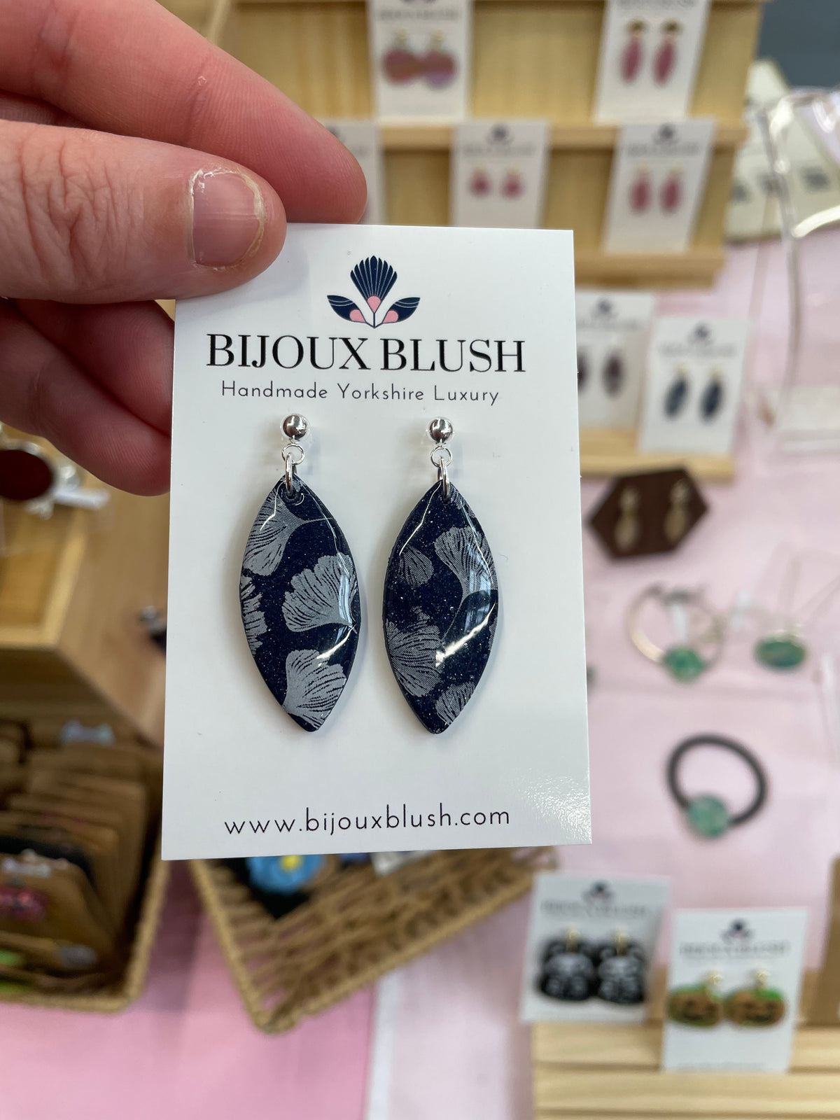 Midnight Ginkgo Marquise Drops - Navy & Silver
